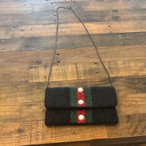 Elegant Black Beaded Clutch with Chain Strap
